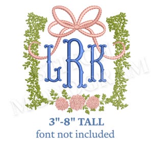 May include: A monogram design featuring the letters LRR in blue, framed by green vines and pink flowers. A pink bow sits above the letters. The text "3"-8" TALL font not included" is below the design.