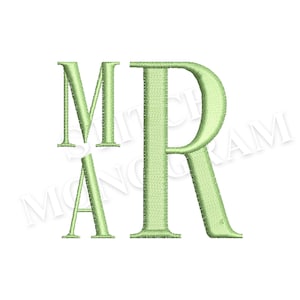 May include: A light green embroidered monogram featuring the letters M, R, and A. The letters are in a classic serif font, with the letter R being the largest. The letters are stitched with a textured effect, creating a subtle, elegant design.