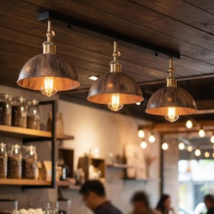 May include: Three vintage-style pendant lights with a distressed bronze finish and exposed Edison bulbs. The lights are suspended from a black metal bar, creating a warm ambiance. The lamps are ideal for a cafe or restaurant setting.