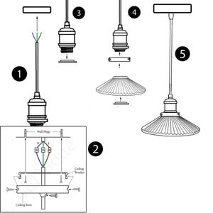 May include: A five-step illustrated guide on how to install a pendant light fixture. The steps include connecting the wires, attaching the ceiling bracket, installing the light socket, attaching the shade, and hanging the fixture.