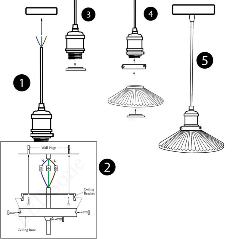 May include: A five-step illustrated guide on how to install a pendant light fixture. The steps include connecting the wires, attaching the ceiling bracket, installing the light socket, attaching the shade, and hanging the fixture.