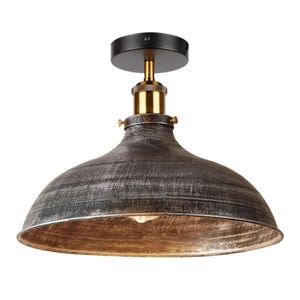 May include: A semi-flush mount ceiling light fitting featuring a wide, dome-shaped metal shade with a distressed dark grey finish. The fitting includes a brass-toned socket and a circular black canopy mount at the top for ceiling attachment.