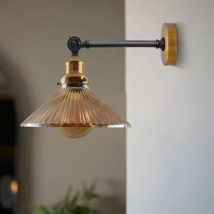Industrial Retro Wall Light | Ribbed Glass Wall Sconce | Adjustable Arm Vintage Lamp | E27 Brass Wall Light for Bedroom Hallway