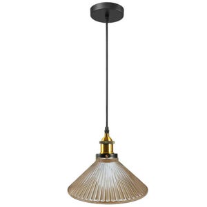 May include: A black and gold pendant light with a ribbed glass shade. The shade is a light brown color with a white interior.