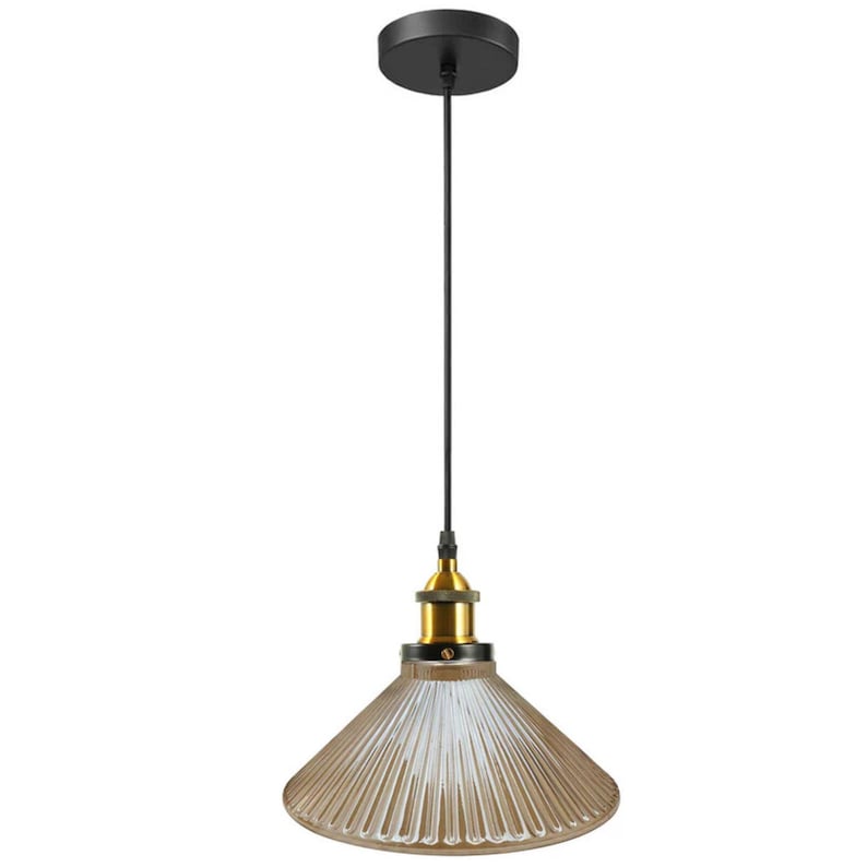 May include: A black and gold pendant light with a ribbed glass shade. The shade is a light brown color with a white interior.