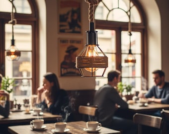 Hemp Rope Pendant Light – Industrial Metal Cage Ceiling Lamp, Vintage Fixture