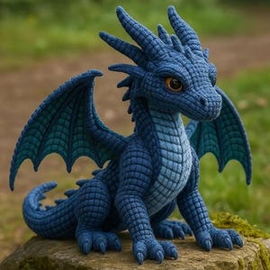 Op de afbeelding: Een blauw gehaakt drakenbeeldje met gedetailleerde schubben, vleugels en hoorns. De draak heeft grote, amberkleurige ogen en zit op een rots. De vleugels zijn een donkerdere tint blauw, wat diepte toevoegt. Fantasiethema.