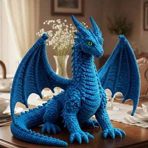 May include: A handcrafted, blue crochet dragon with outstretched wings and green eyes. The dragon is posed on a wooden table, showcasing intricate details in its scales and wings. A decorative piece for fantasy enthusiasts.