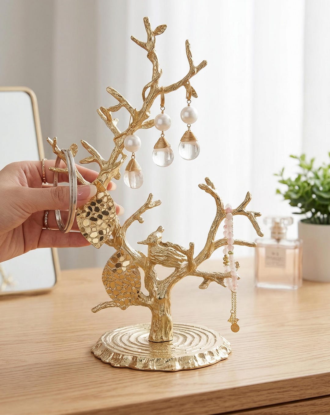 Gold Jewelry Tree Stand, Metal Branch Necklace Holder, Vintage Vanity ...