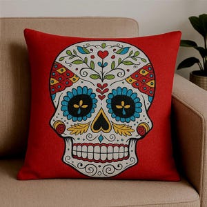 Pillow Case Floral Sugar Skull Greeting Cards Halloween Cushion Cover Colorful Sugar Skull Square Pillow Cover Linen Cushion Case