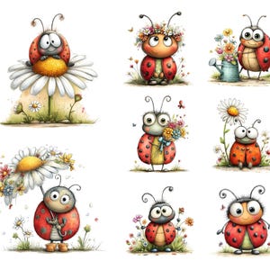 Op de afbeelding: Waterverfillustraties van cartoon lieveheersbeestjes in verschillende poses. Een lieveheersbeestje zit op een madeliefje, een ander draagt een bloemenkrans, en anderen houden bloemen of een gieter vast. De lieveheersbeestjes hebben rode dekschilden met zwarte stippen.