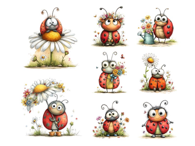 Op de afbeelding: Waterverfillustraties van cartoon lieveheersbeestjes in verschillende poses. Een lieveheersbeestje zit op een madeliefje, een ander draagt een bloemenkrans, en anderen houden bloemen of een gieter vast. De lieveheersbeestjes hebben rode dekschilden met zwarte stippen.