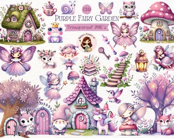 Op de afbeelding: Digitale illustratie van een paarse feeëntuin met feeënhuizen, feeën, bosdieren, paddenstoelen en de tekst "Purple Fairy Garden".