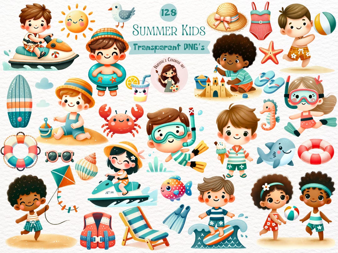 Watercolor Summer Kids Clipart: Beach Vacation PNG (digital Download ...