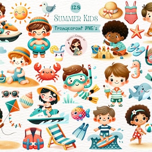 Summer children clip art / Summer children clip art / Summer elements clipart / Watercolor summer clipart png design / Cute Kids Clipart