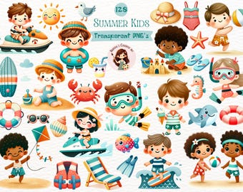 Watercolor Summer Kids Clipart: Beach Vacation PNG (Digital Download)