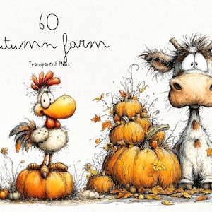 May include: Whimsical watercolor illustration featuring a rooster and a cow with pumpkins. The rooster stands on a pumpkin, while the cow is next to a stack of pumpkins. The image includes the text "60 autumn farm".
