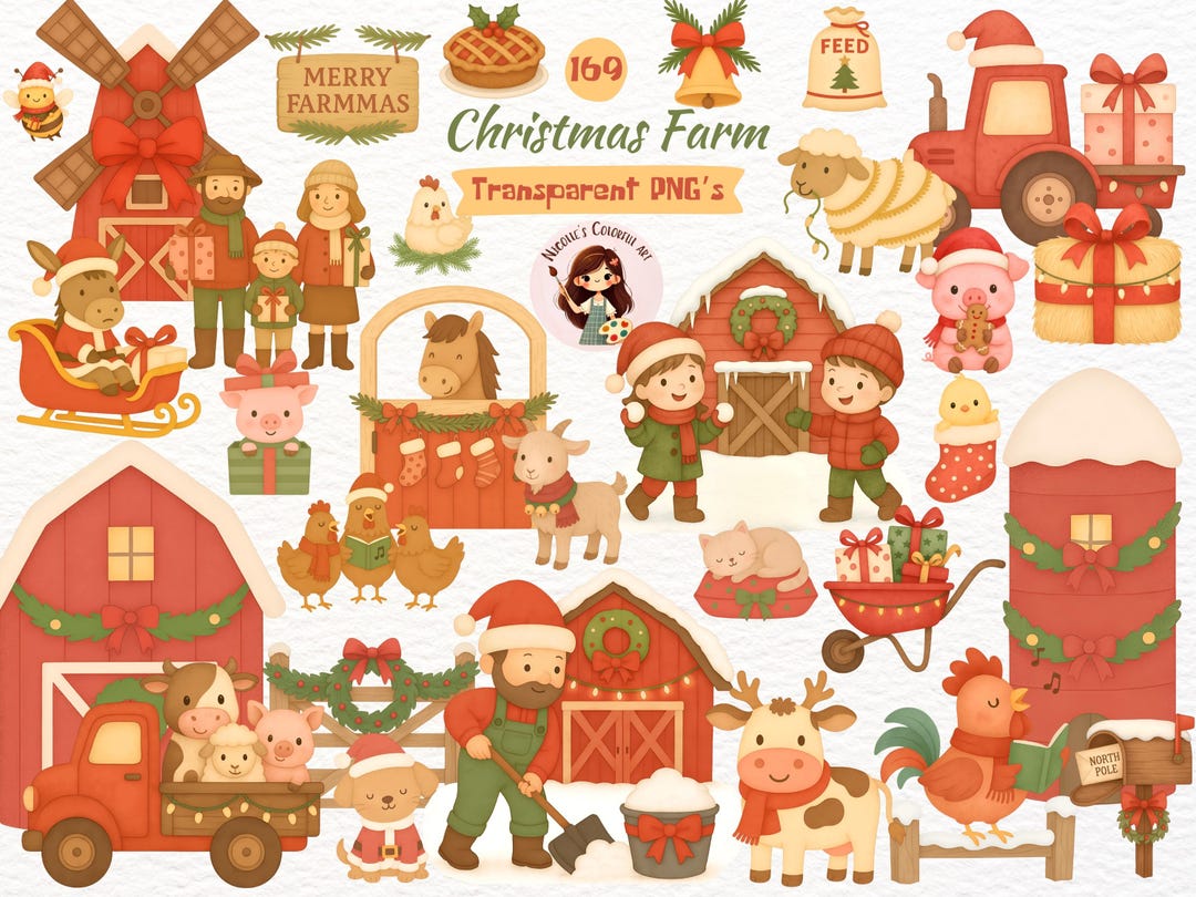 Watercolor Christmas Farm Clipart Bundle – Winter Animals PNG (digital ...