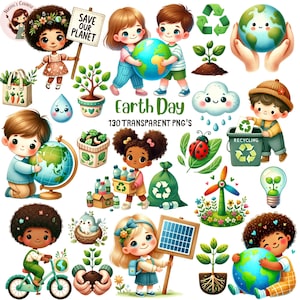 Puede incluir: Un conjunto de gráficos PNG con temática del Día de la Tierra, que incluyen niños, globos terráqueos, símbolos de reciclaje, plantas y paneles solares. Se incluye el texto "Earth Day" y "Save Our Planet". Los gráficos son coloridos.
