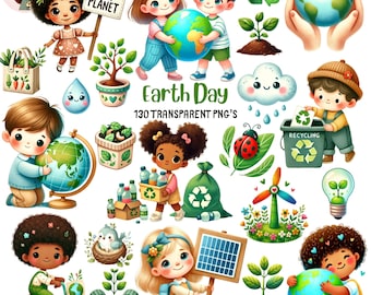 Earth Day Kids Clipart Bundle, Save Planet Recycling Graphics (Digital Download)