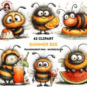 Pode incluir: Ilustração em aquarela com seis abelhas de desenho animado com corpos fofos. As abelhas são amarelas e pretas, com olhos grandes e asas. O texto diz "62 CLIPART SUMMER BEE TRANSPARENT PNG - WATERCOLOR."