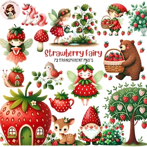Strawberry Fairy Clipart Bundle, Whimsical Berry Cottagecore PNGs (Digital Download) image 1