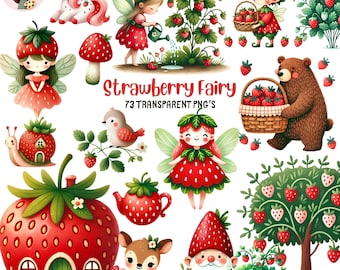 Strawberry Fairy Clipart Bundle, Whimsical Berry Cottagecore PNGs (Digital Download)