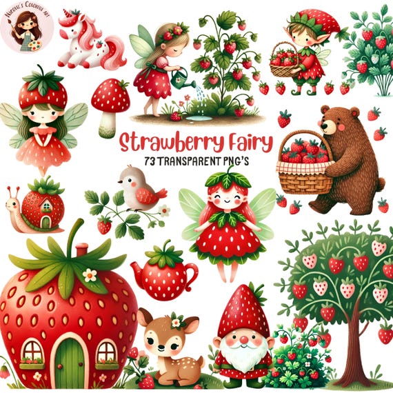 Strawberry Fairy Clipart Bundle, Whimsical Berry Cottagecore PNGs (Digital Download)