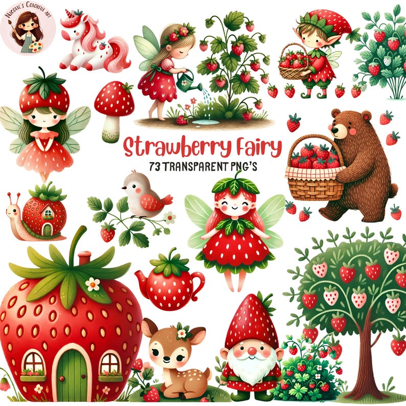 Strawberry Fairy Clipart Bundle, Whimsical Berry Cottagecore PNGs (Digital Download) image 1