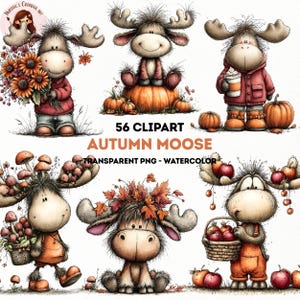 Autumn Moose Watercolor Clipart – Cute Fall Moose PNG Bundle | Whimsical Pumpkin Harvest Set (56 Files) (Digital Download)
