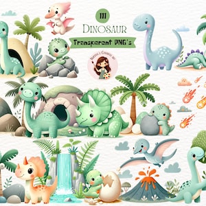 かわいい水彩画の赤ちゃん恐竜のクリップアート / 水彩画の恐竜のクリップアートバンドル / 赤ちゃんの誕生日パーティーのPNGバンドル / 商用利用のクリップアートバンドル