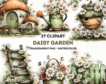 Daisy Garden Clipart Bundle | Whimsical Cottage Garden Watercolor PNG Set (27 Files)(Digital Download)