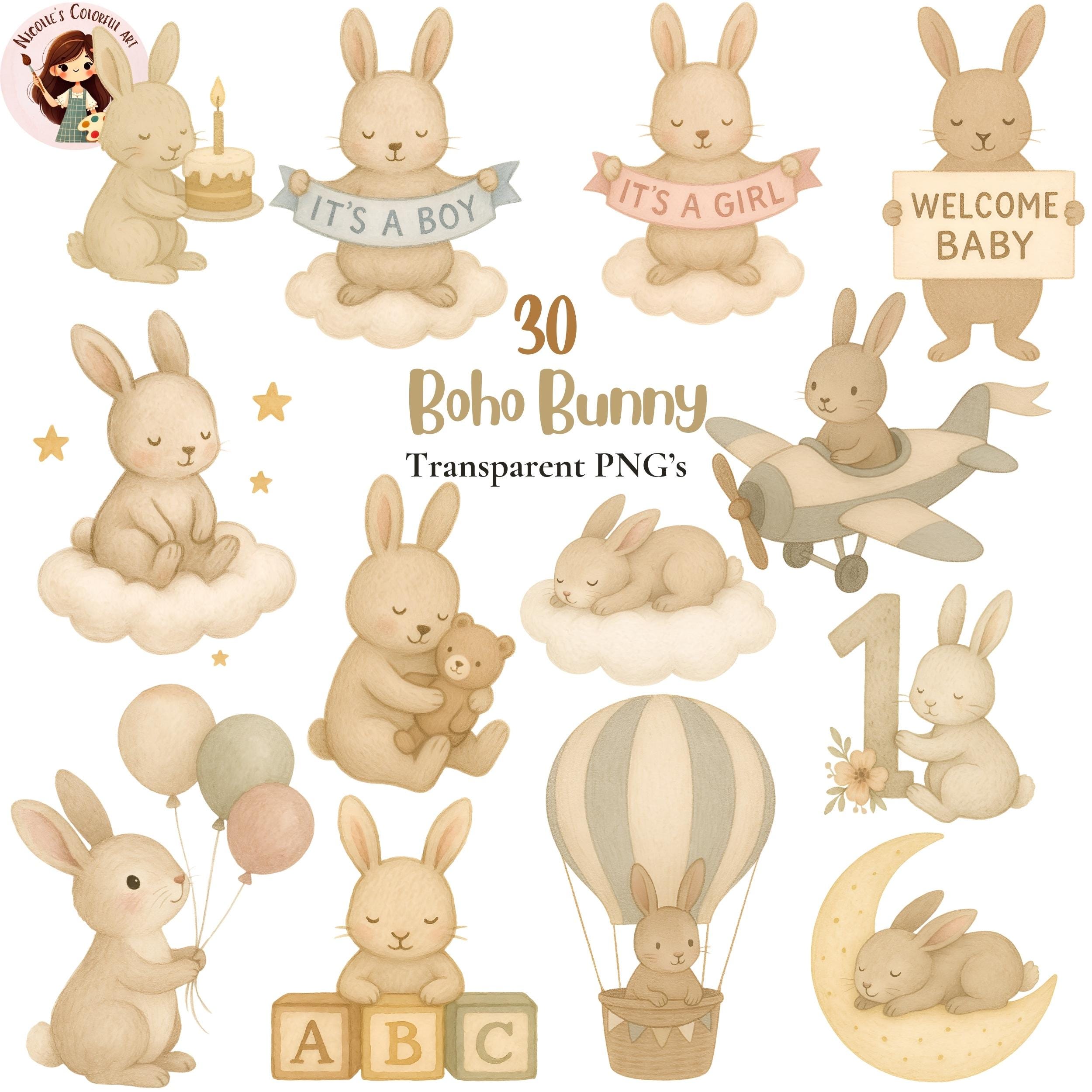 Boho Bunny Clipart Bundle | Baby Shower PNG Graphics (digital Download ...