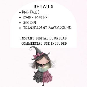 Puede incluir: Ilustraci&oacute;n digital de una joven bruja con pelo largo, vestida con un vestido negro y rosa y un sombrero de bruja con un lazo rosa. Sostiene un libro brillante. La imagen incluye el texto: PNG FILES, 2048 x 2048 PX, 300 DPI, TRANSPARENT BACKGROUND, INSTANT DIGITAL DOWNLOAD, COMMERCIAL USE INCLUDED.