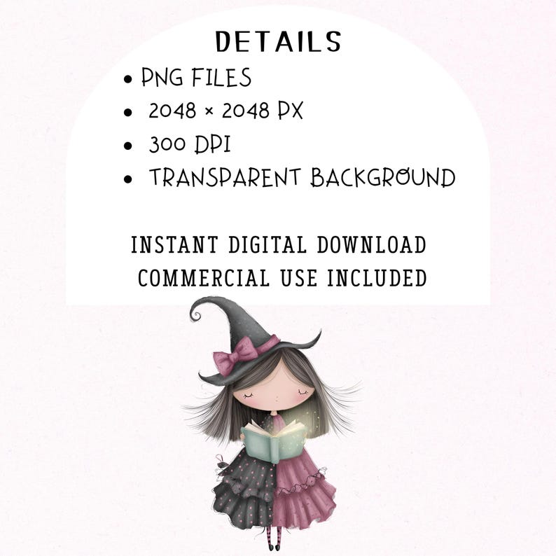 Puede incluir: Ilustraci&oacute;n digital de una joven bruja con pelo largo, vestida con un vestido negro y rosa y un sombrero de bruja con un lazo rosa. Sostiene un libro brillante. La imagen incluye el texto: PNG FILES, 2048 x 2048 PX, 300 DPI, TRANSPARENT BACKGROUND, INSTANT DIGITAL DOWNLOAD, COMMERCIAL USE INCLUDED.