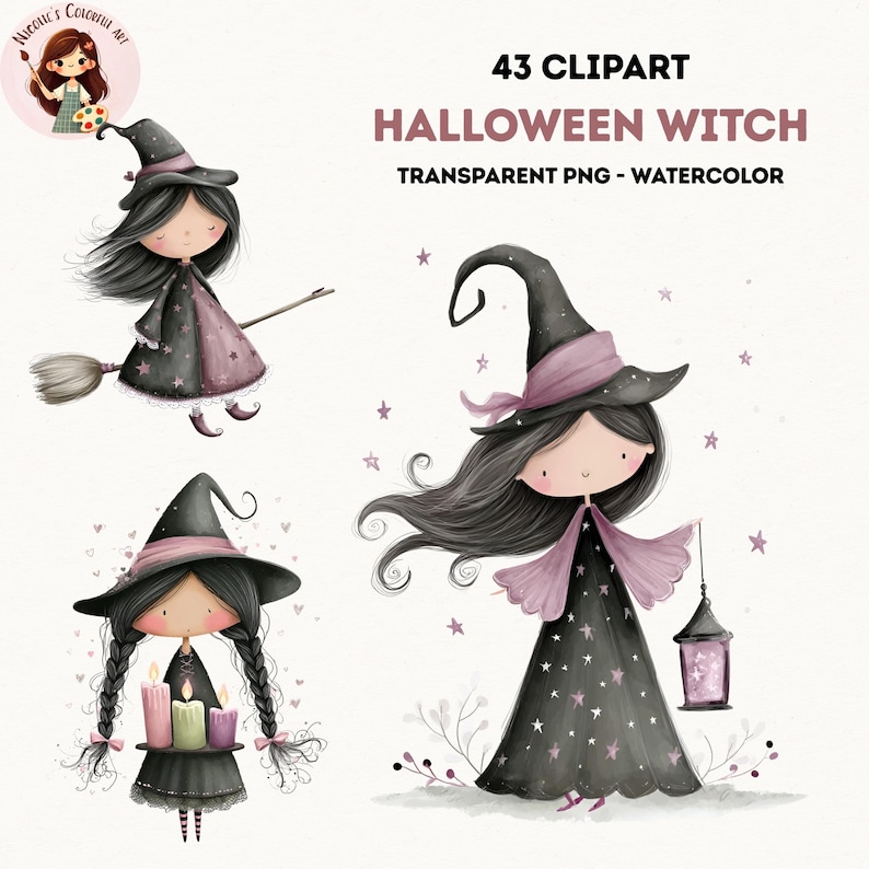 Puede incluir: Clipart de acuarela con tres ilustraciones de brujas de Halloween. Cada bruja lleva un sombrero y un vestido negros, con detalles en rosa. Una bruja vuela en una escoba, otra sostiene velas y la tercera lleva una linterna. El texto dice "43 Clipart Halloween Witch Transparent PNG - Watercolor."