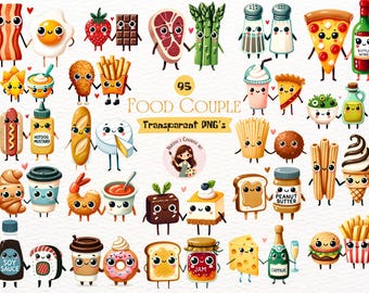 Kawaii Food Couples Clipart: 95 PNG Illustrations (Digital Download)