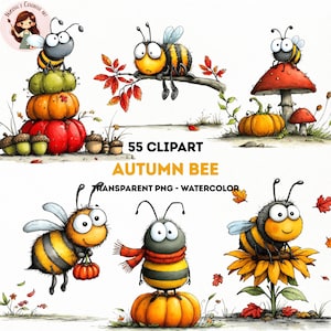 May include: A collection of watercolor illustrations featuring cartoon bees with large eyes, pumpkins, acorns, mushrooms, and autumn leaves. The text 55 CLIPART AUTUMN BEE TRANSPARENT PNG - WATERCOLOR is centered in the middle of the image.