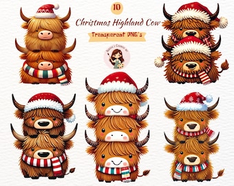 Descarga PNG de vacas escocesas navideñas - Diseños de sublimación de vacas escocesas - Archivos de 300 ppp - Uso comercial