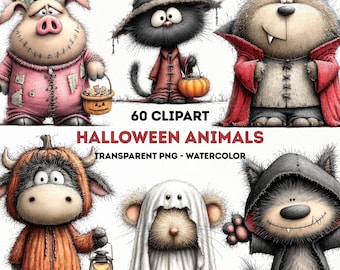 Könnte beinhalten: Eine Sammlung von sechs Cartoon-Halloween-Tier-Cliparts. Die Tiere sind ein Schwein, eine Katze, ein Bär, ein Bulle, eine Maus und ein Wolf, jedes in einem Halloween-Kostüm. Der Text "60 CLIPART" und "HALLOWEEN ANIMALS" wird angezeigt.