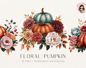 Clipart floral citrouille : aquarelle bouquet d'automne (téléchargement numérique, 20 fichiers PNG, 4096 x 4096 pixels)
