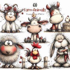 May include: A charming illustration featuring various farm animals: a goat, cow, horse, sheep, rooster, and rabbit, all with a cartoonish style. The image includes the text "60 Farm Animals Transparent PNG's". The animals are drawn in a soft, textured style.