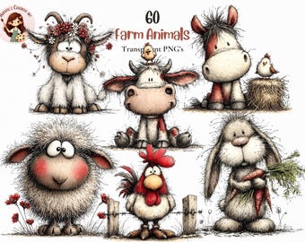 Grillige boerderijdieren clipart – eigenzinnige koe, varken, geit, schapen png’s (digitale download)