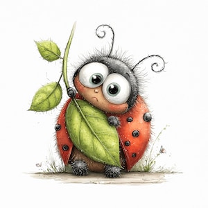 Op de afbeelding: Een grillige illustratie van een cartoon lieveheersbeestje met grote, expressieve ogen. Het lieveheersbeestje, met een rode schild en zwarte stippen, houdt een groot groen blad vast. Het kunstwerk heeft een zachte, aquarelachtige textuur tegen een witte achtergrond.