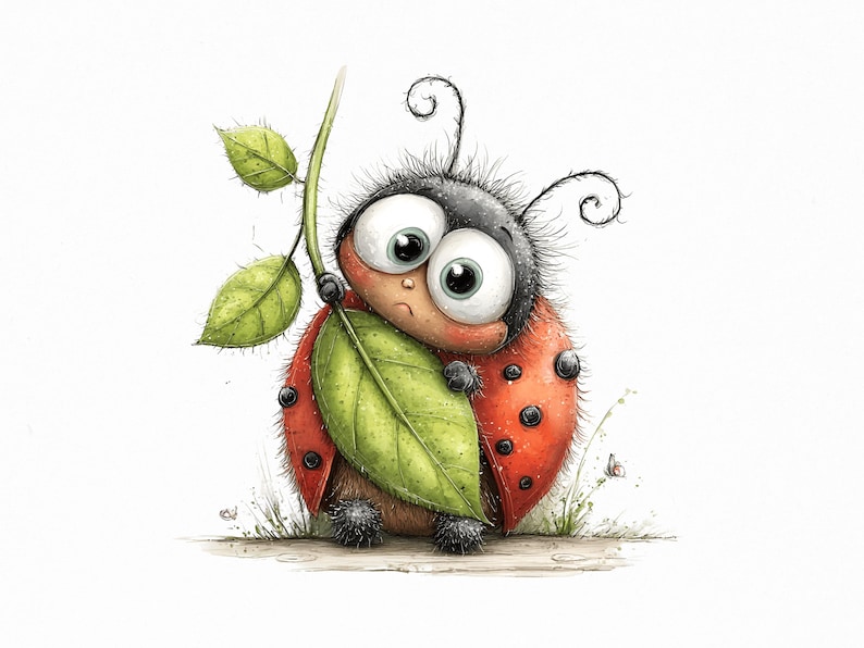 Op de afbeelding: Een grillige illustratie van een cartoon lieveheersbeestje met grote, expressieve ogen. Het lieveheersbeestje, met een rode schild en zwarte stippen, houdt een groot groen blad vast. Het kunstwerk heeft een zachte, aquarelachtige textuur tegen een witte achtergrond.