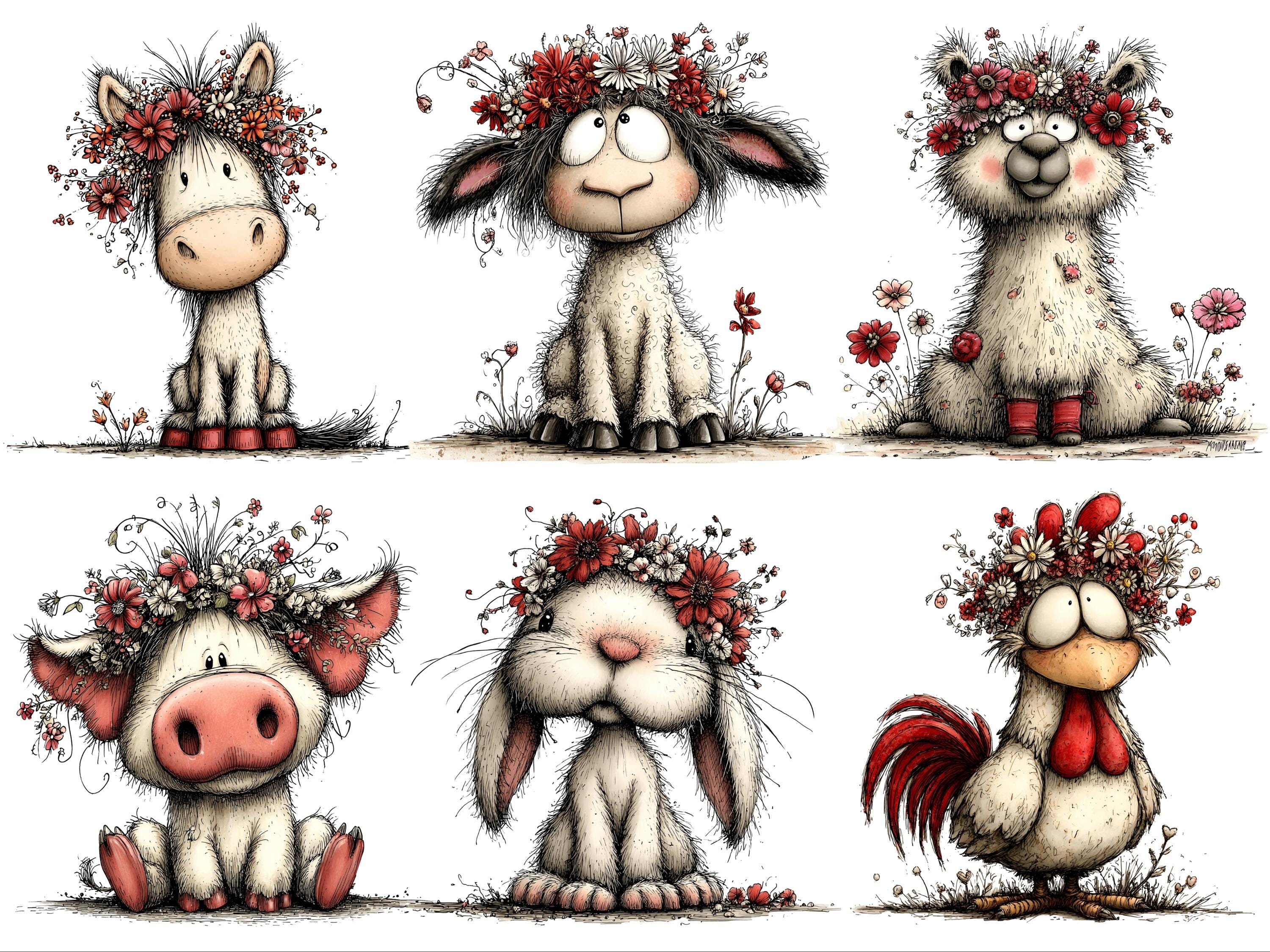 Whimsical Farm Animals Clipart – Floral Spring PNG Set (digital ...