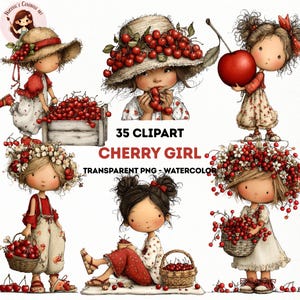 May include: Watercolor clipart featuring illustrations of girls with cherries. The girls wear dresses and hats decorated with cherries. The image includes the text "35 Clipart Cherry Girl Transparent PNG - Watercolor".