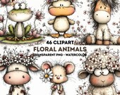 Whimsical Floral Animal Clipart PNG, Cute Watercolor Animals (46 PNG) (Digital Download)