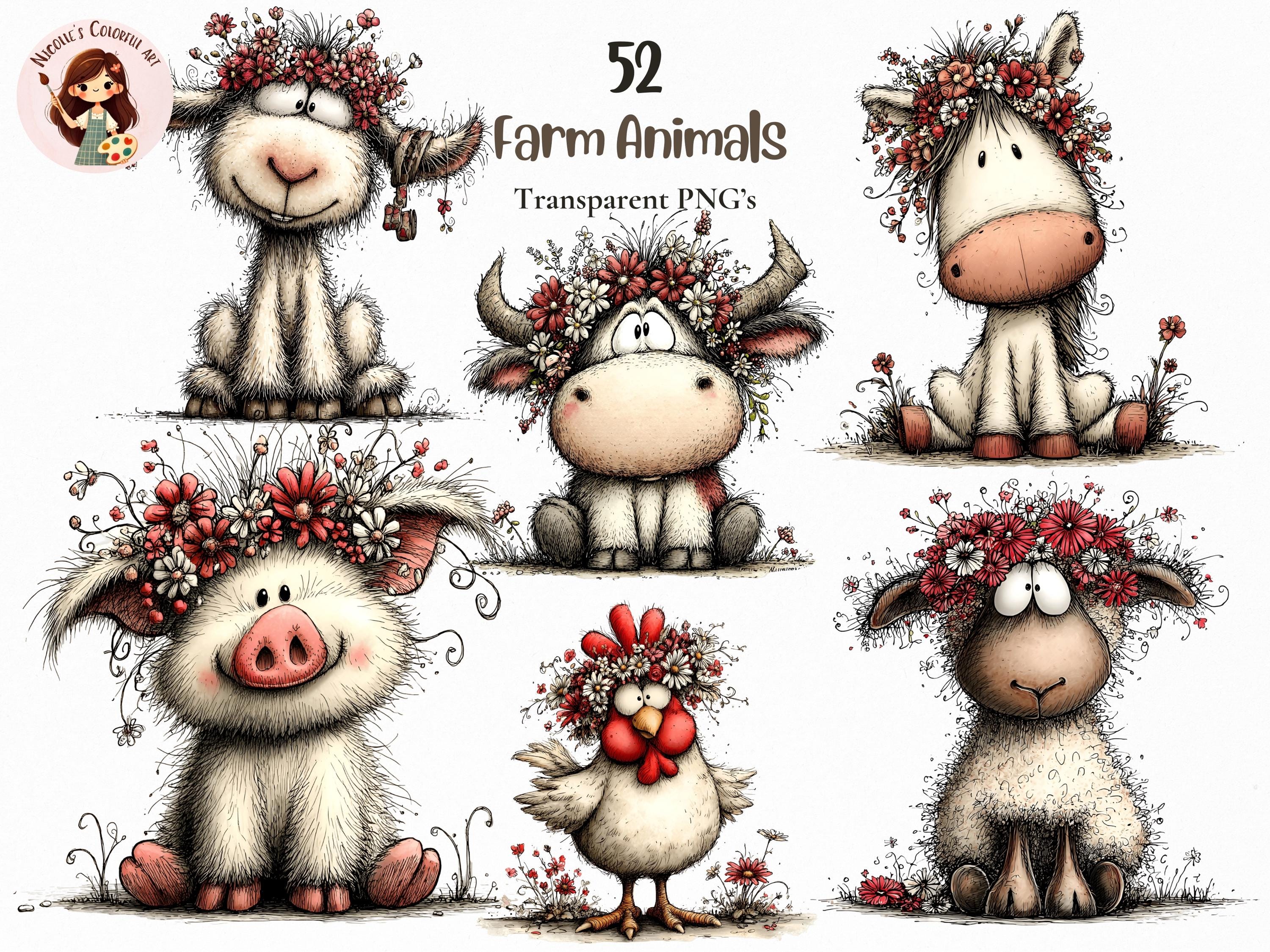 Whimsical Farm Animals Clipart – Floral Spring PNG Set (digital ...