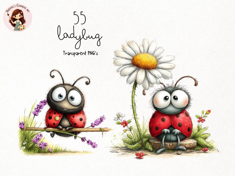55 lieveheersbeestje png-afbeeldingen | Leuke bundel aquarellieveheersbeestjes | Insectenillustratieset lentetuin voor knutselen (digitale download) afbeelding 13